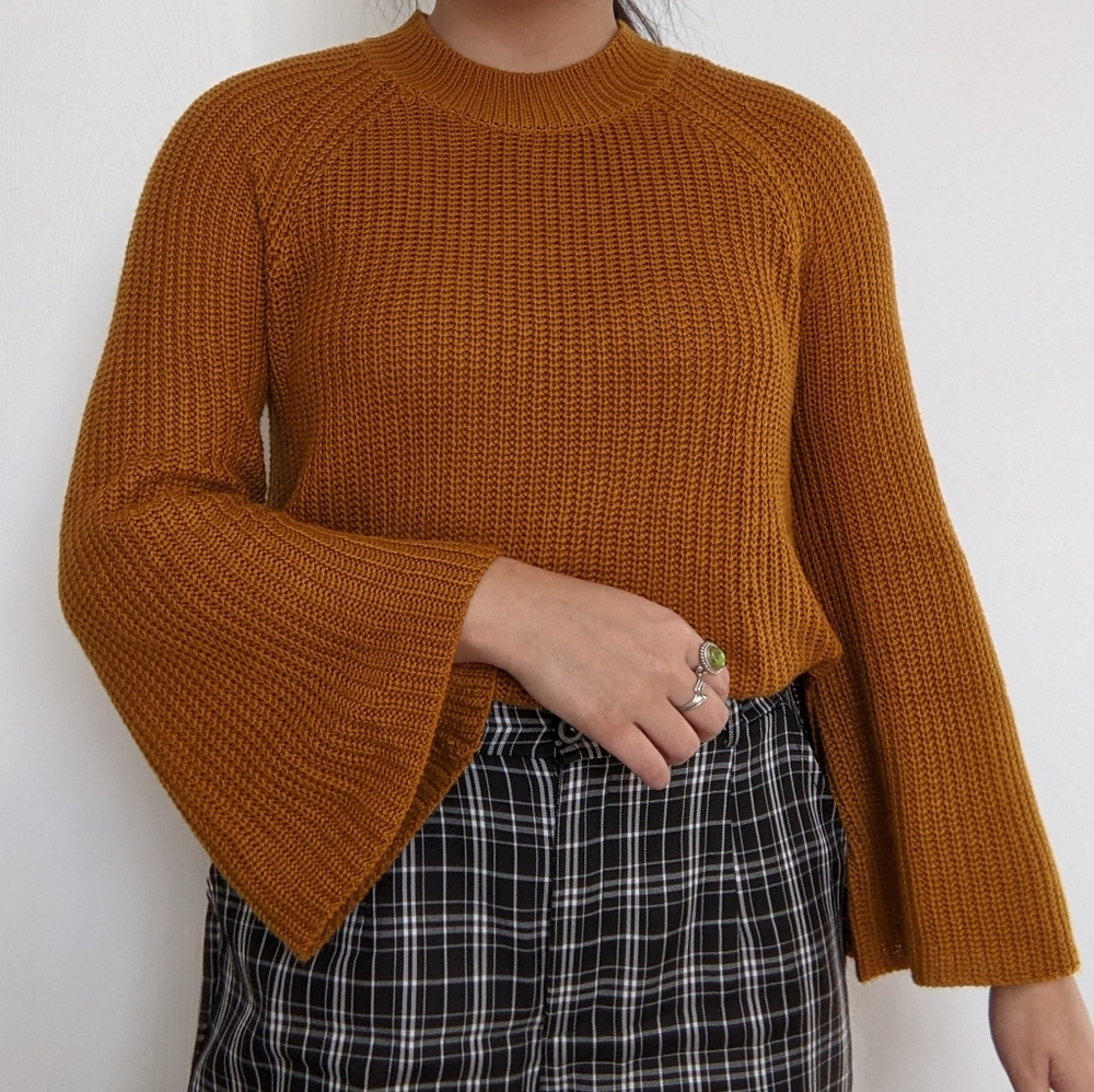 Mustard Yellow Bell Sleeve Knit Sweater